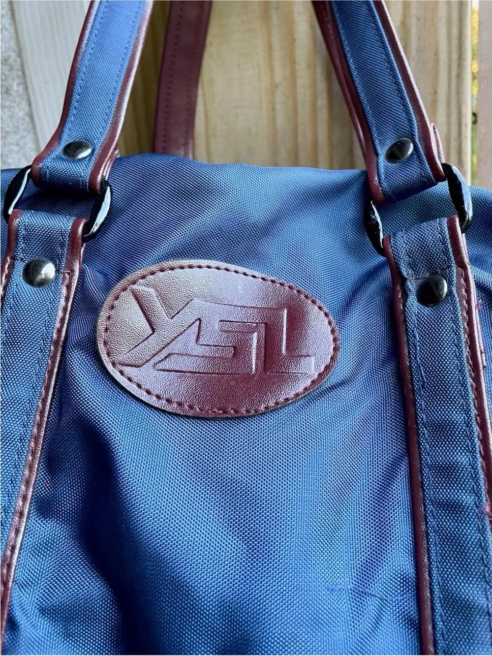 Yves St Laurent YSL Navy Blue Duffel with Brown Leather Trim